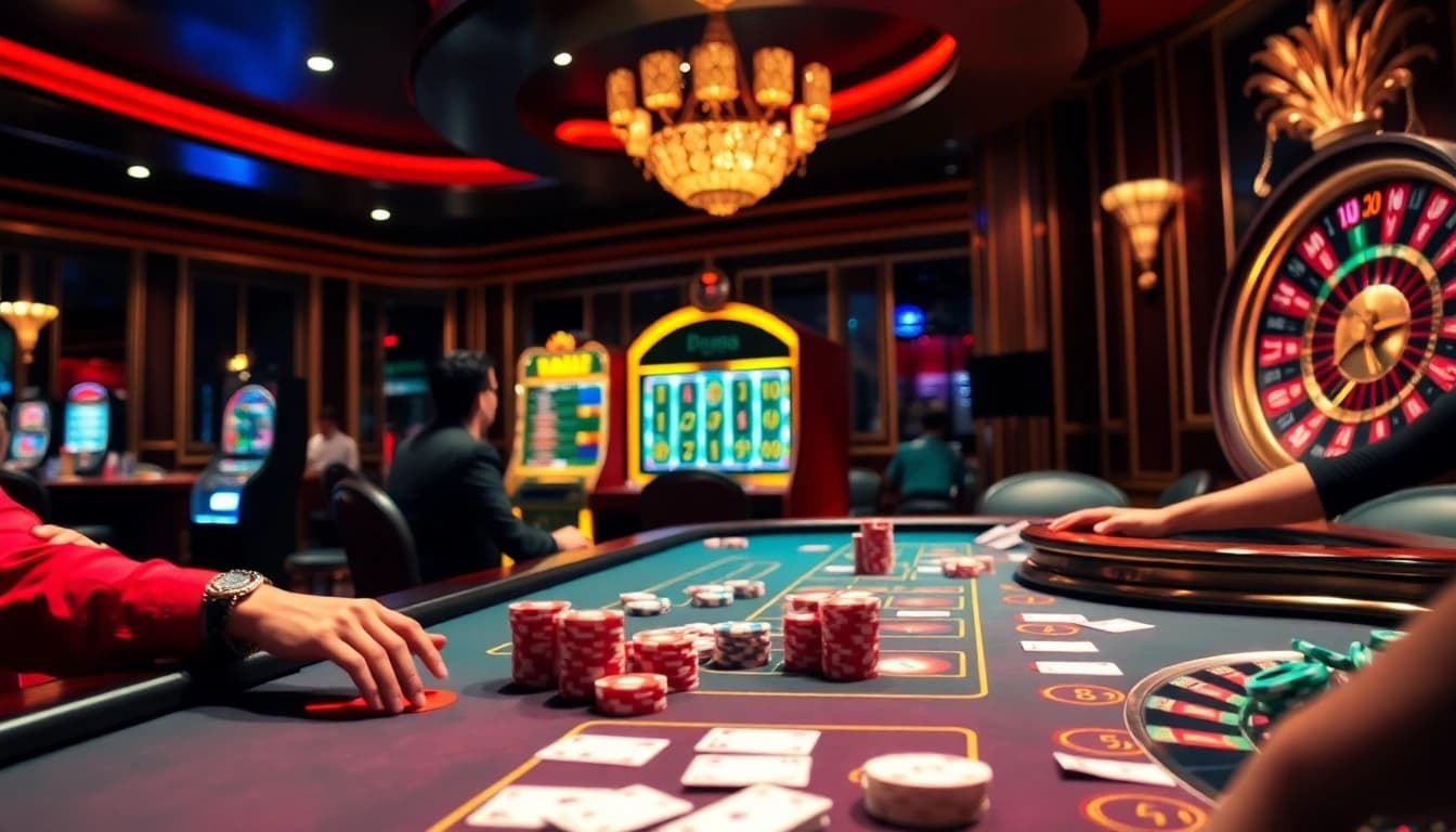 Engage with an akun demo at a vibrant casino table filled with colorful poker chips and cards.