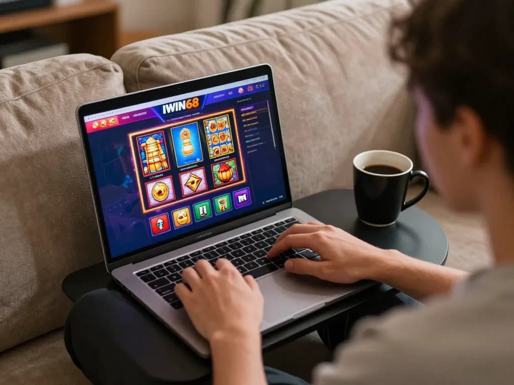 IWIN68 player engaged in thrilling online gaming action at home with laptop and vibrant slot graphics.