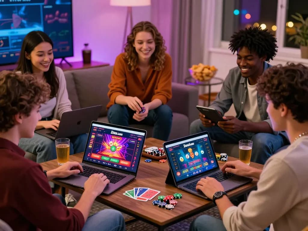 Exciting online gaming session at home featuring 32win.com on screens with friends enjoying casino experience.