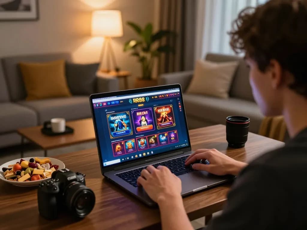 Playing RR88 online casino games from a cozy living room setup, displaying engaging gameplay.