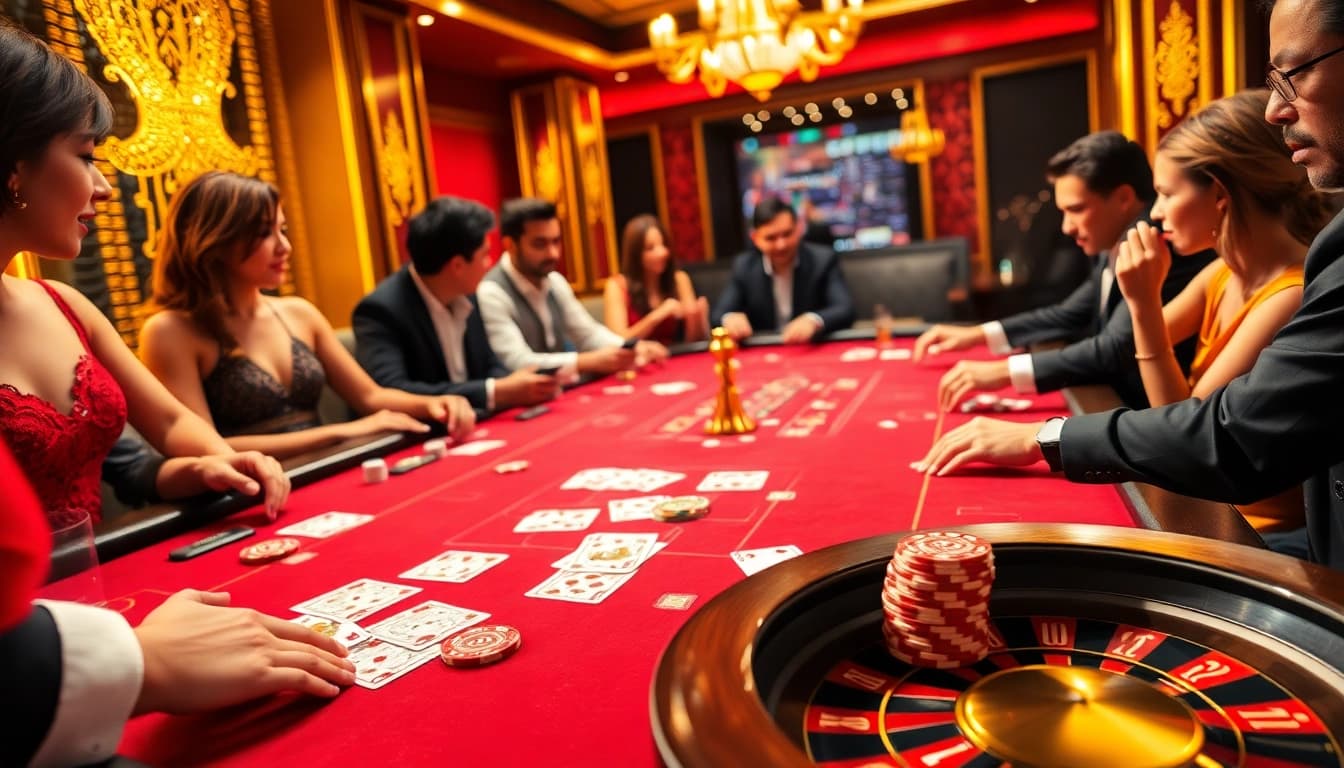 GO 88 poker players enjoying a thrilling game at an elegant casino table.