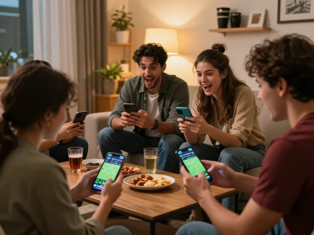Friends using betting app on smartphone while enjoying a game, highlighting qh88