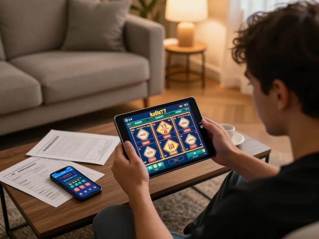 Engaging in kdslot77 online slots with a tablet at home, strategic notes on the coffee table, cozy ambiance.