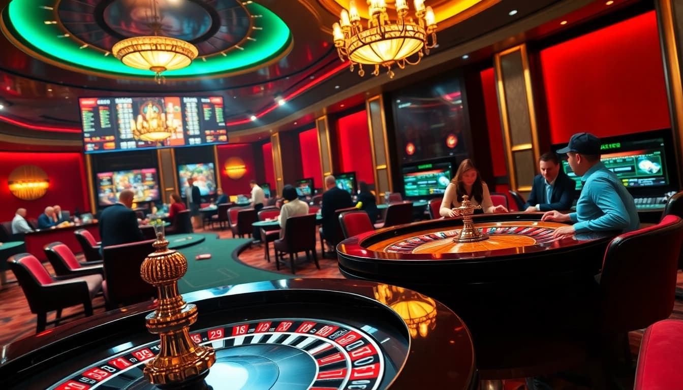 KQBD gaming atmosphere with excited players at a luxury casino table and roulette wheel for thrilling bets.