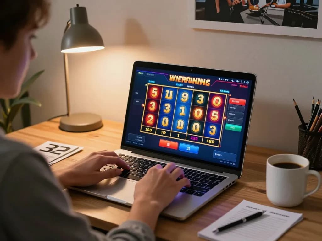 Engaging online gaming session on 32win with colorful slot reels and a cozy home office setup.