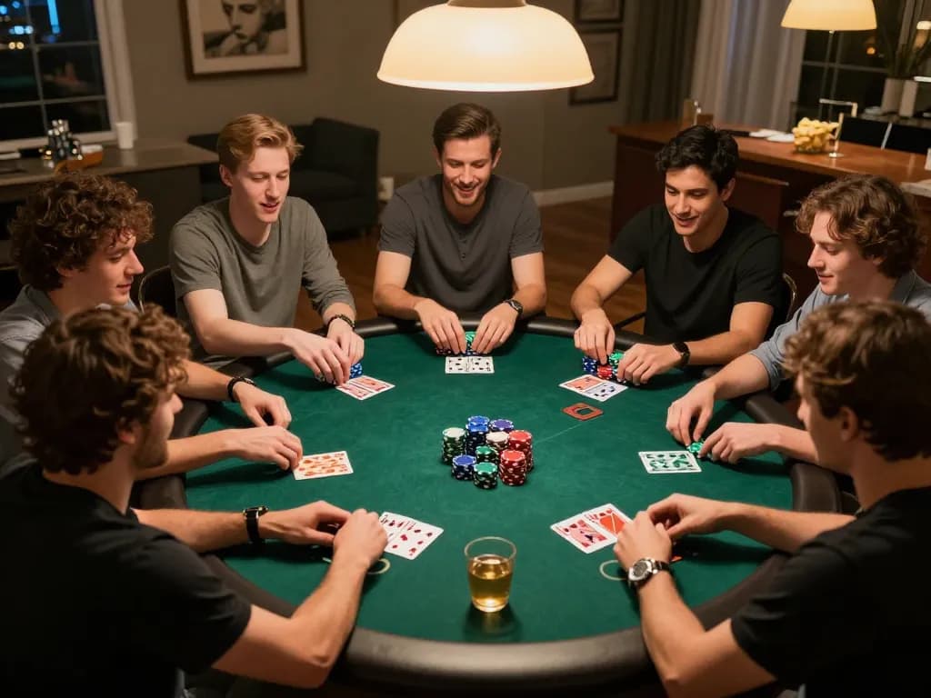 Friends enjoying a poker game at home, showcasing strategic poker gameplay with colorful chips and cards.