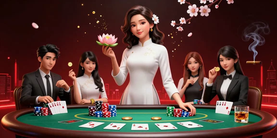 Experience the thrill of agen judi bola with a stunning Asian casino scene, showcasing poker elements.