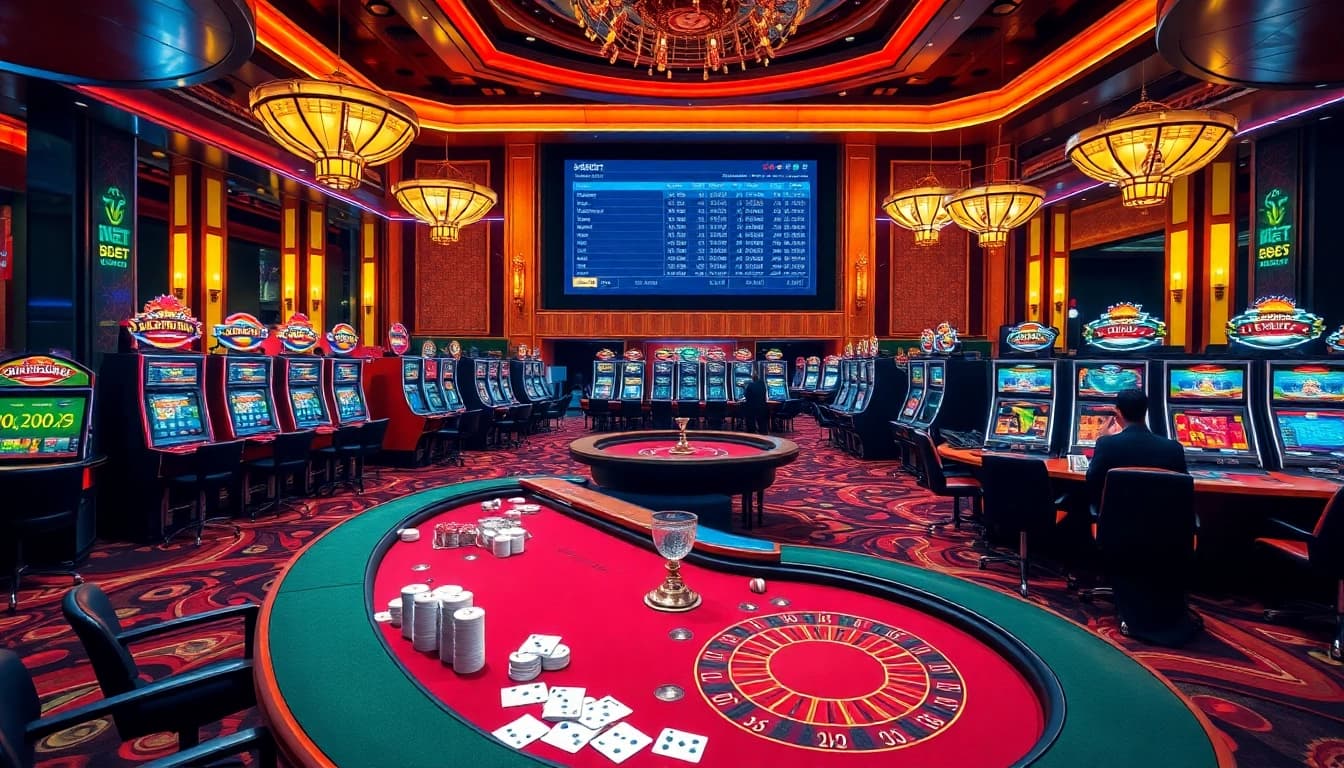 SBOBET casino scene with players at poker and roulette tables, vibrant slots, and betting excitement.