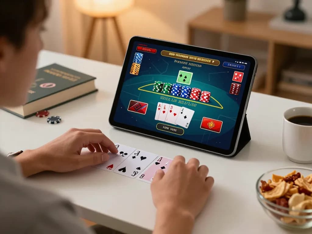 Engaging in online gaming with Juraganbet88 on a tablet, enjoying blackjack at home.