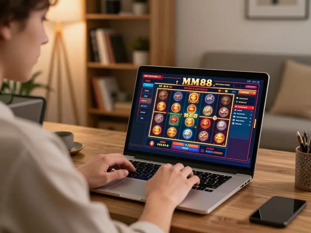 Playing engaging MM88 slot games online in a cozy home environment.