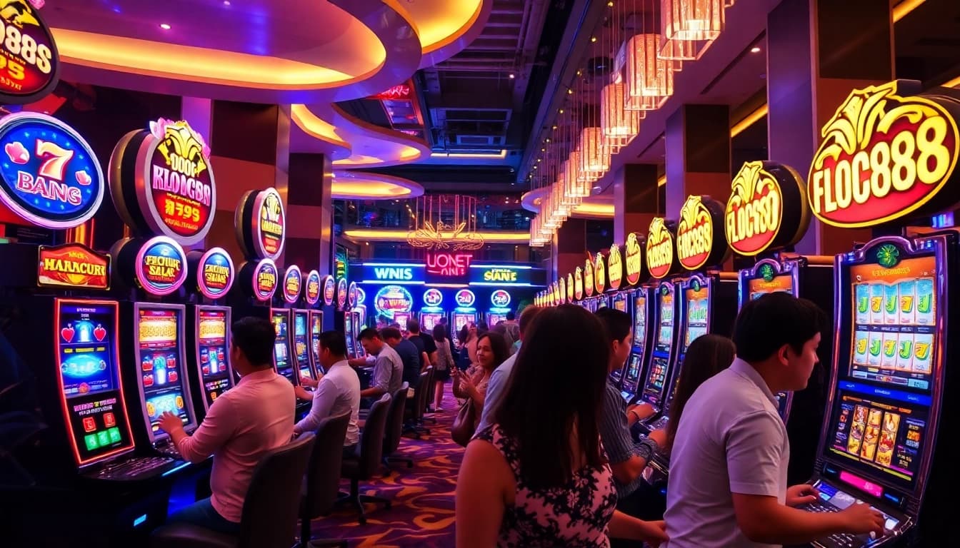 Players enjoying exciting games at เว็บตรง SLOT888 slot machines surrounded by vibrant casino decor.