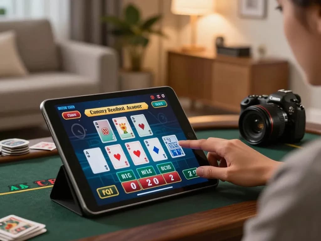 Engaged in online casino gaming, decoubertin strategy on a tablet, comfortable home atmosphere.