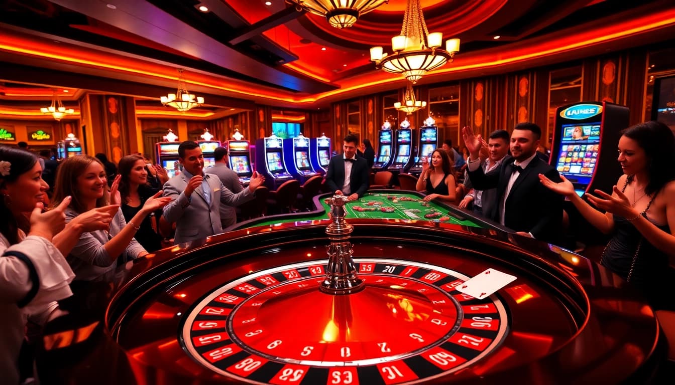 Players engaging in lively bets at a roulette table, highlighting the excitement of https://nk88s.com/ casino games.