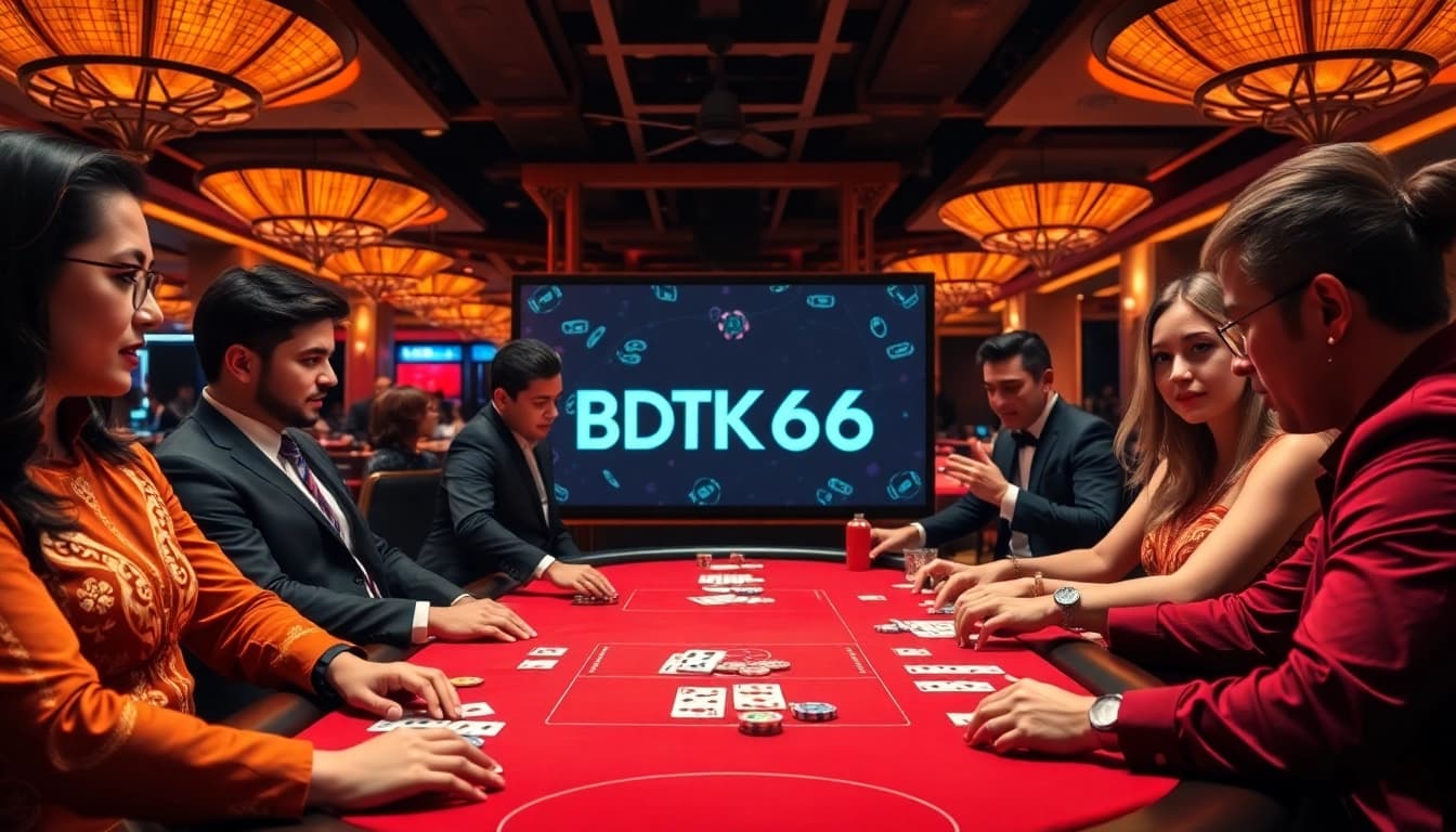 Experience the thrill of BDTK66 at a luxurious poker table with eager players and vibrant colors.