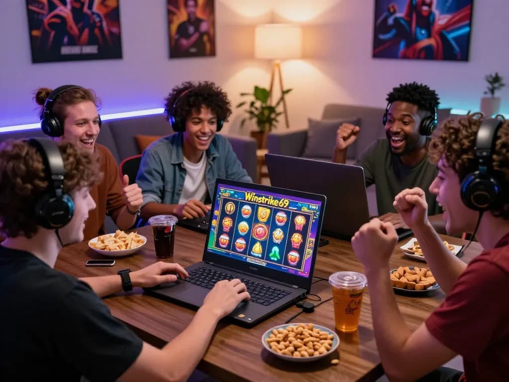 Friends enjoying the thrill of Winstrike69 slot game on a laptop, surrounded by snacks and a lively atmosphere.