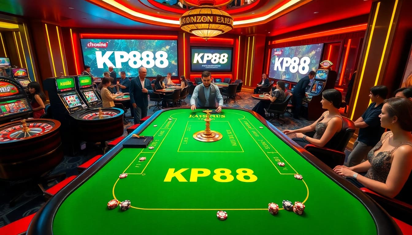 KP88 casino table showcasing roulette and slot machines with players engaged in high-stakes betting.