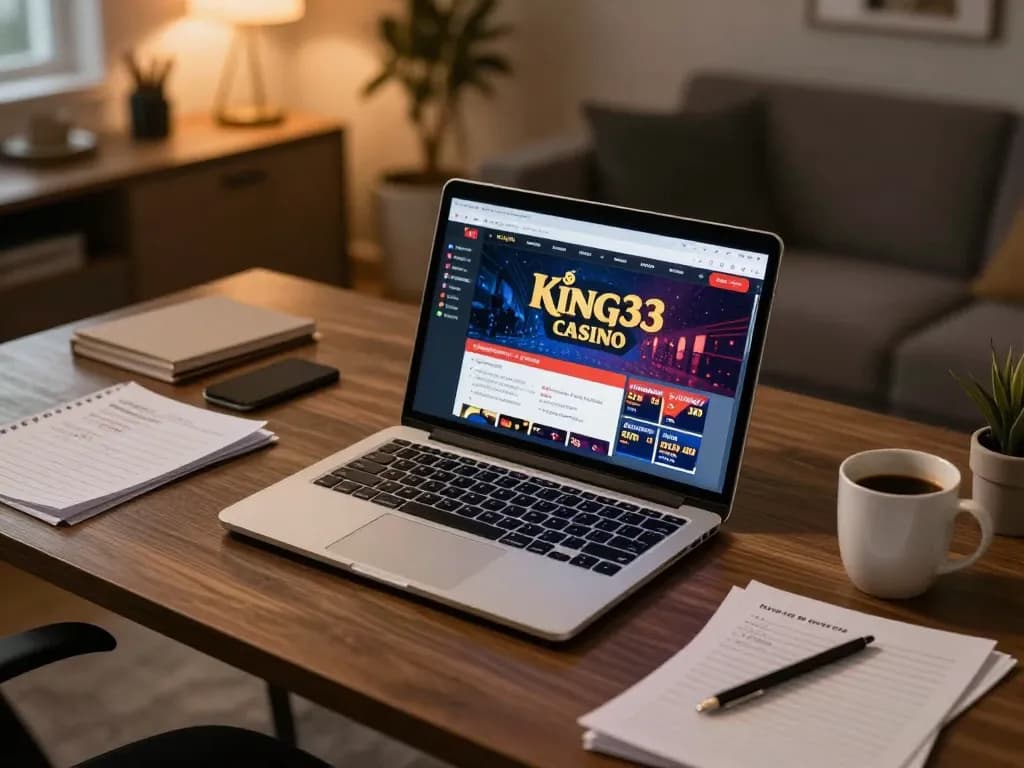 Engaging gameplay on king33 casino platform with laptop and strategy notes in warm home office setting.