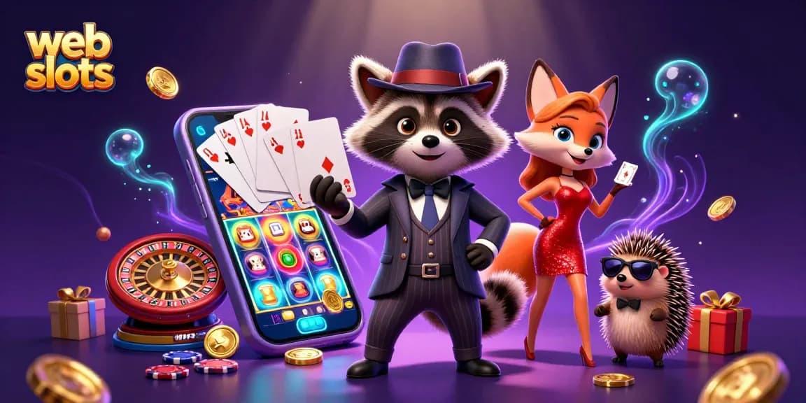 Engage in thrilling web slots with a raccoon holding a royal flush, fox companion, and exciting game elements.
