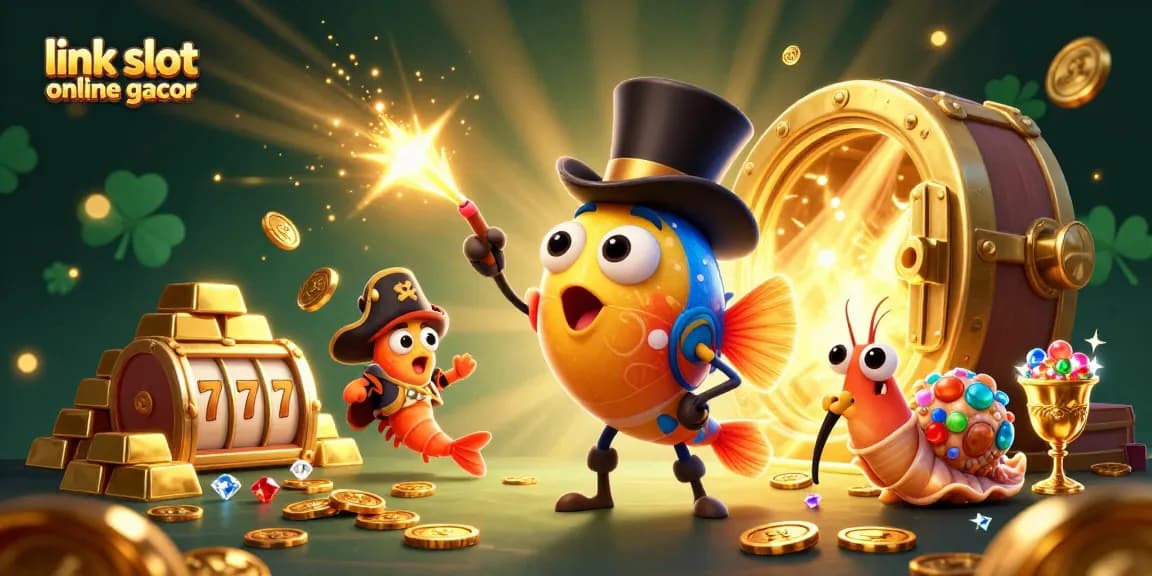 Engage with link slot online gacor through a vibrant 3D casino illustration featuring gold coins, reels, and treasure.
