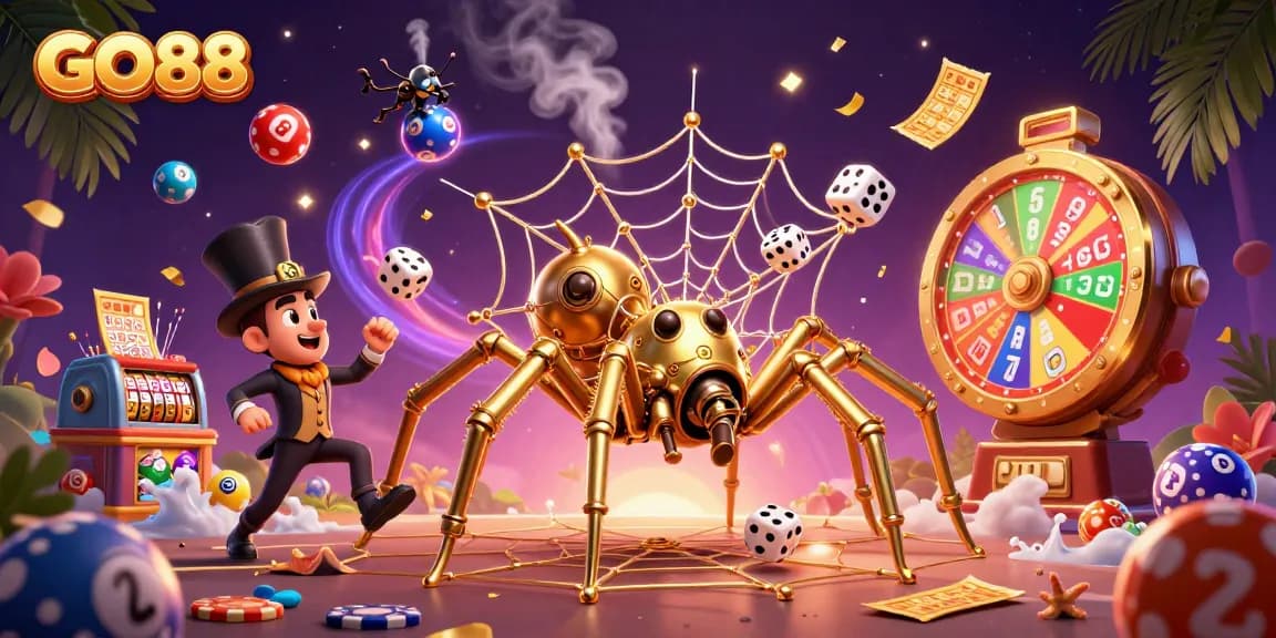 GO88's vibrant illustration depicts a steampunk spider catching dice amidst colorful lottery elements in an engaging casino scene.