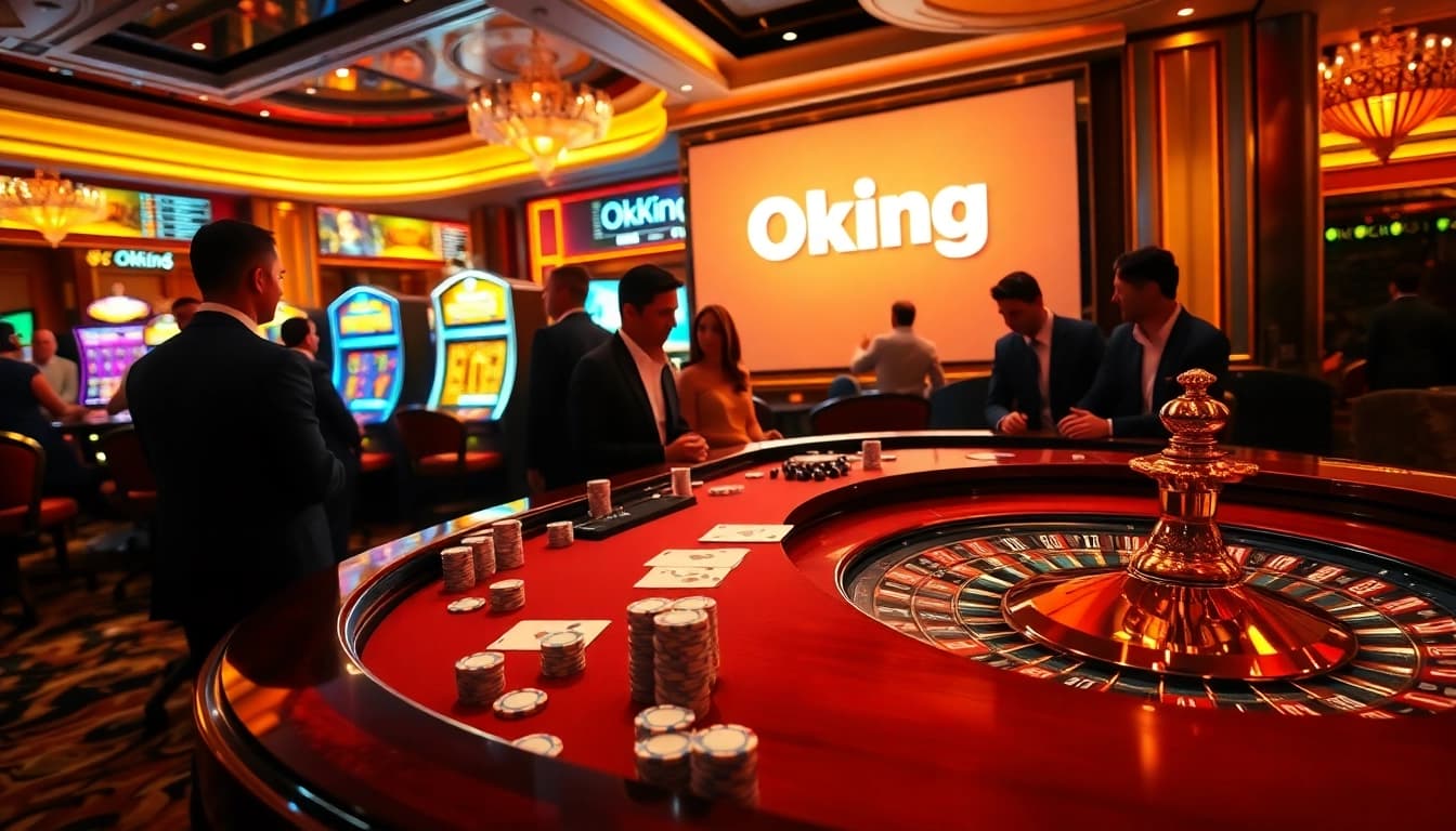 Experience high-stakes gambling at an opulent casino featuring Okking elements on the vibrant poker table.