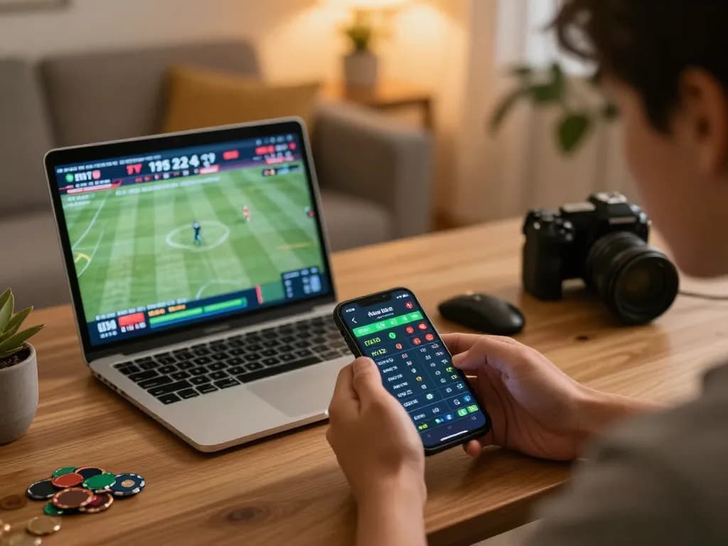 Player engaging with sports betting on https://rr888.shopping/ smartphone in a cozy home setting