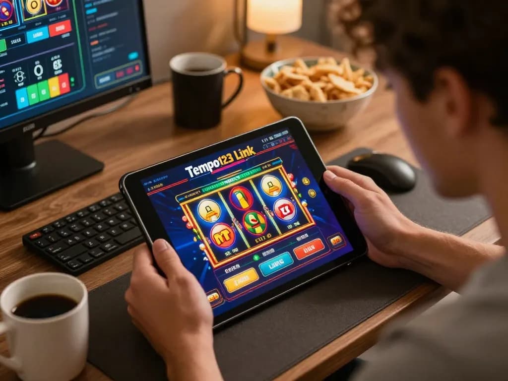 Pemain yang berinteraksi dengan Tempo123 Link untuk permainan kasino online di lingkungan rumah yang nyaman.