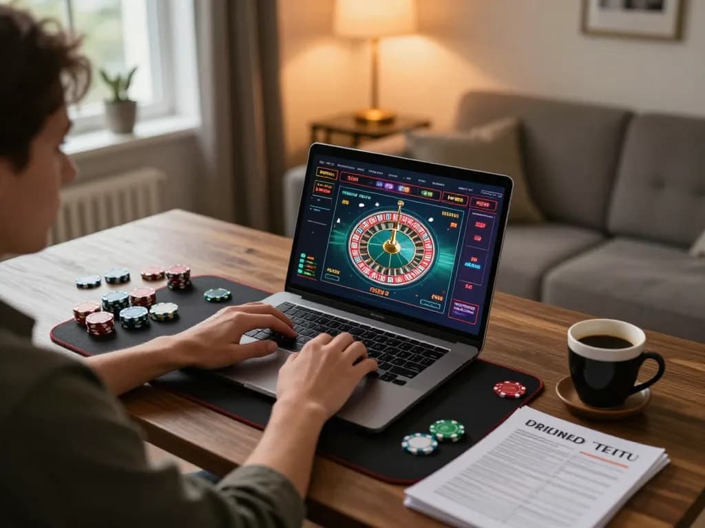 Engaged player using CM88's online gaming platform for roulette in a cozy home setting.