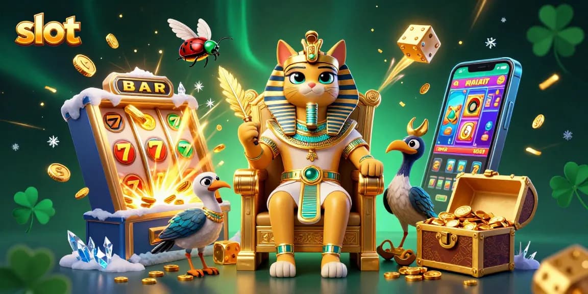 Engage with slots and jackpots alongside a regal Egyptian pharaoh cat and dynamic casino elements.