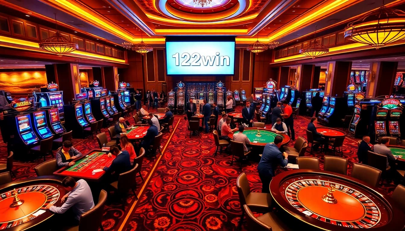 Players engaging at a lively casino with diverse games showcasing 123win's offerings.