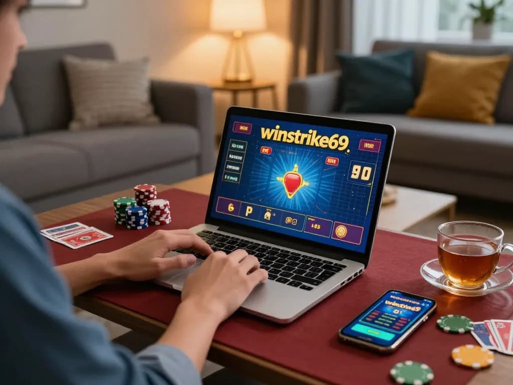 Engaging with winstrike69 on a laptop, showcasing a cozy gaming setup with poker chips and cards.