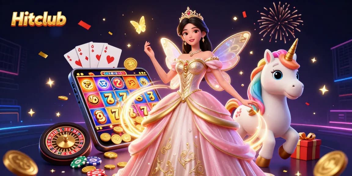 Hitclub showcases a glamorous scene of an Asian princess alongside a rainbow unicorn amidst thrilling casino elements.