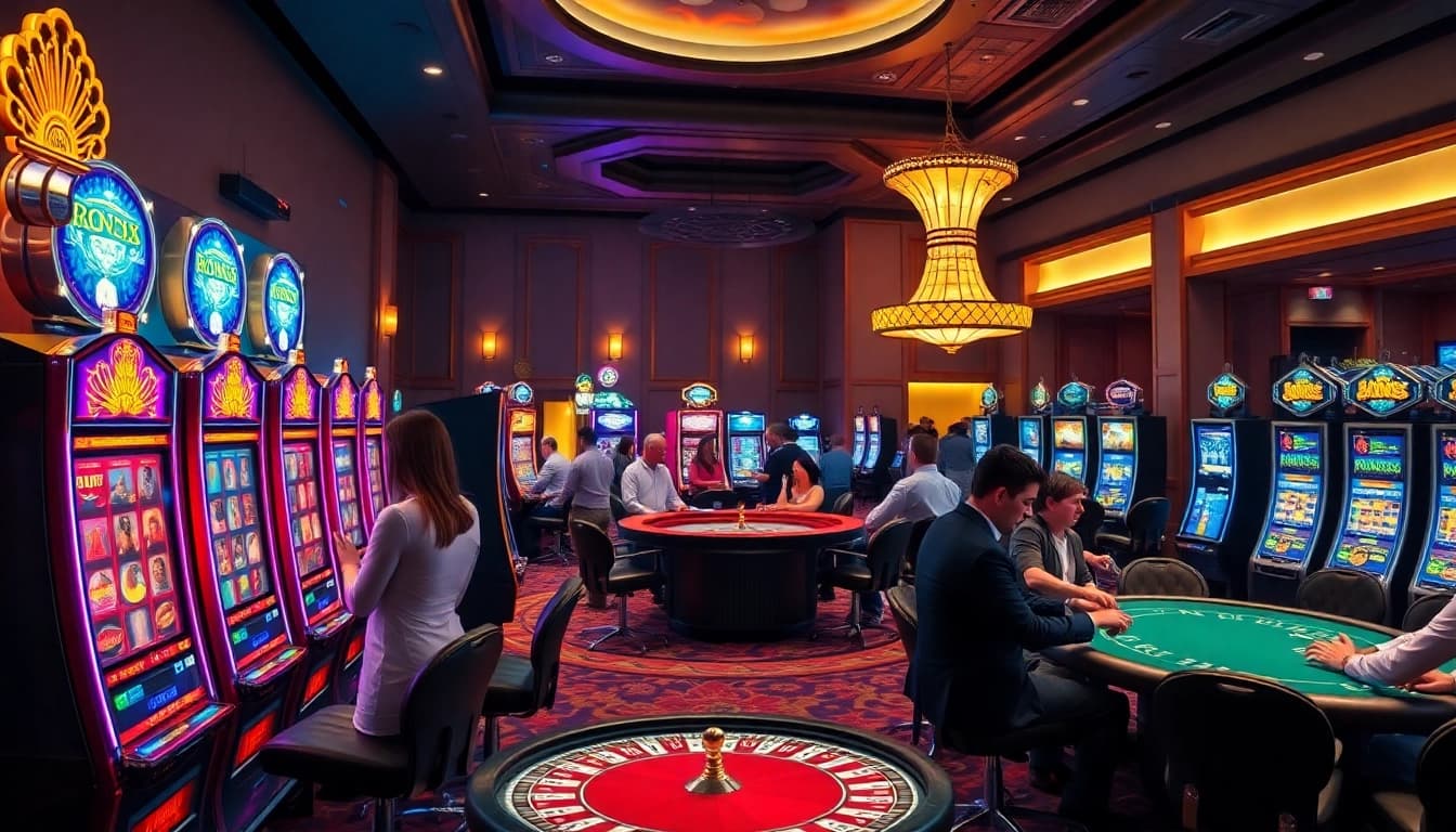 Experience the thrill of slot gacor in a vibrant casino scene filled with excited players and elegant slot machines.
