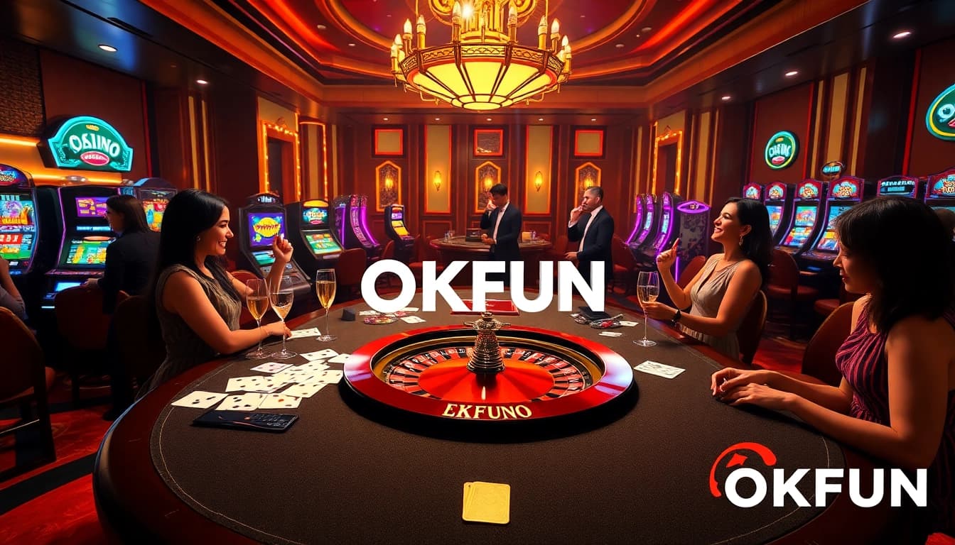 Engage in thrilling gameplay at OKFUN's luxurious online casino, featuring vibrant tables and games.