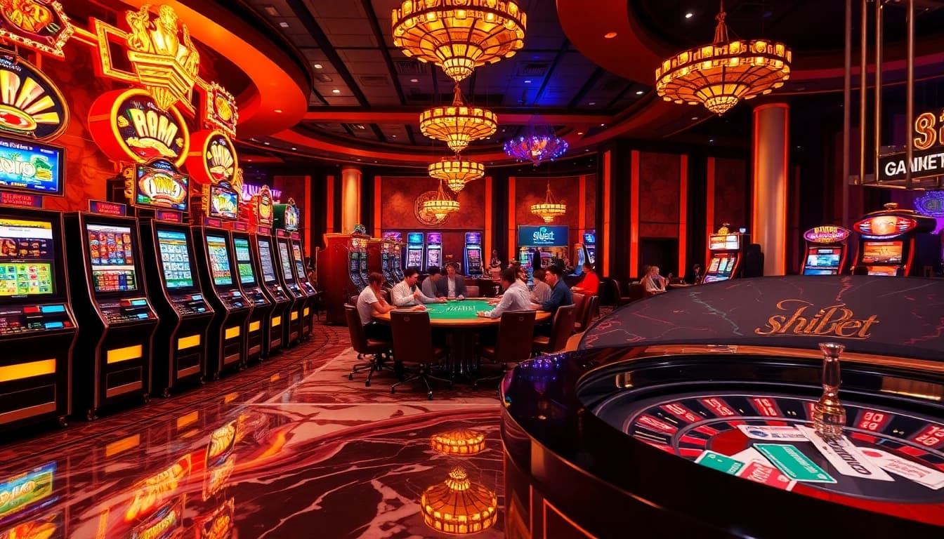 Experience the excitement of shbet with players at poker tables and bright slot machines in a luxury casino.