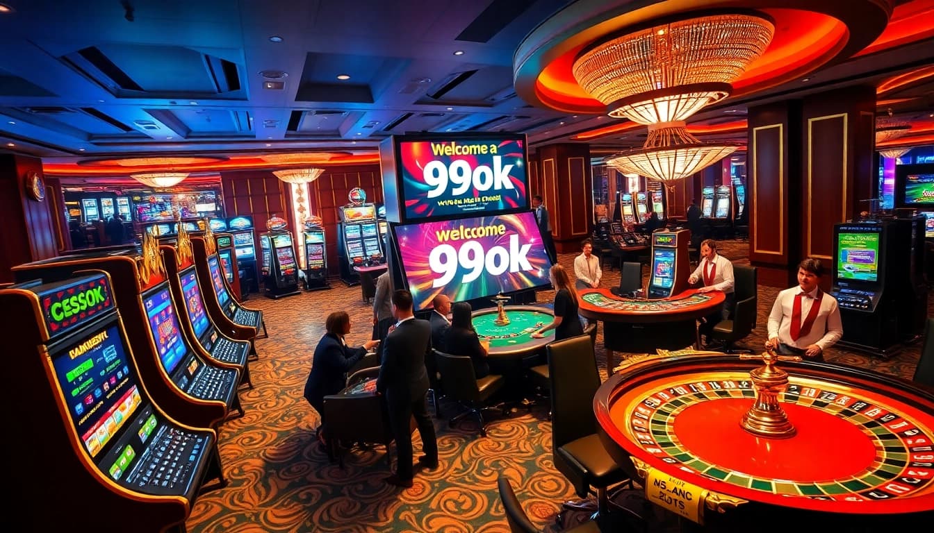 A vibrant casino scene showcasing players enjoying games at 99ok, with slot machines and poker tables illuminating the atmosphere.