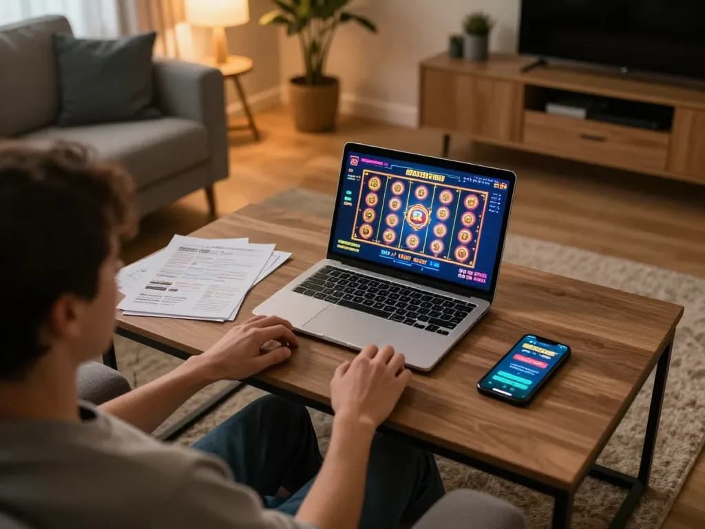 Engaging in an online casino experience at https://98winn.net/ from a cozy living room, complete with a laptop and drinks