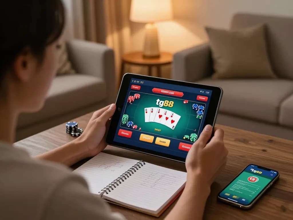 Engaging with the tg88 poker interface on a tablet in a cozy home setting.