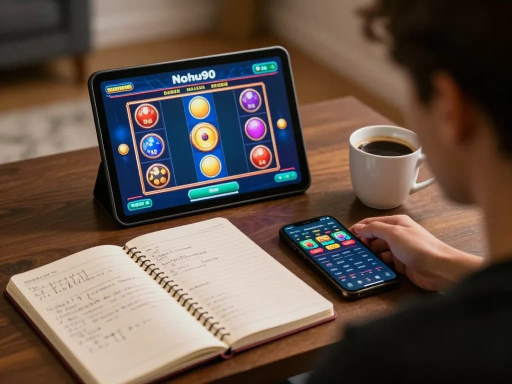 Nohu90 user enjoying a slot game on tablet with strategic notes in cozy home setting