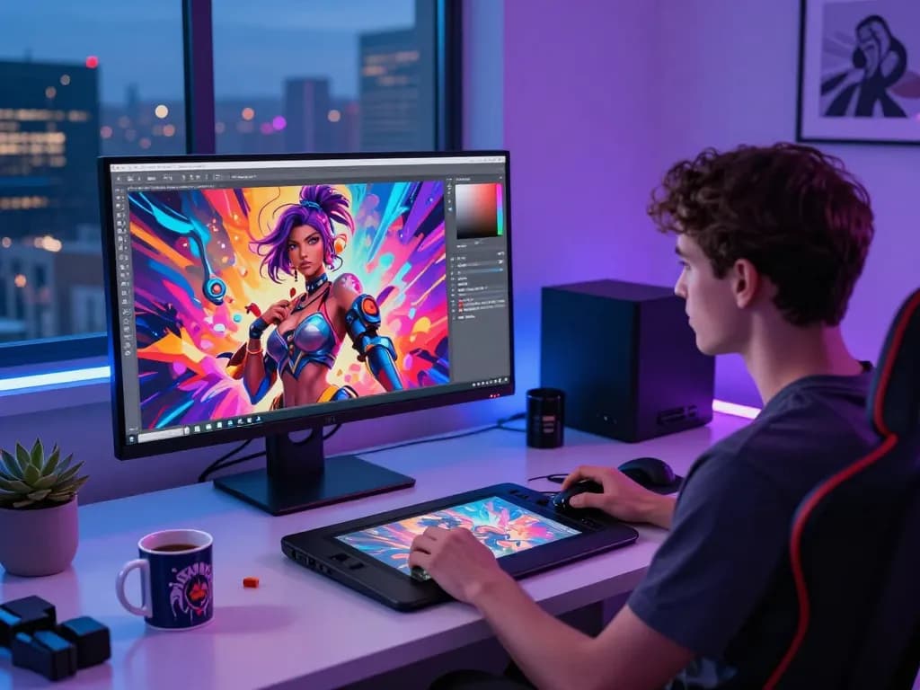 Artist creating ai nsfw digital illustrations in a modern studio with vibrant tech and creative elements.