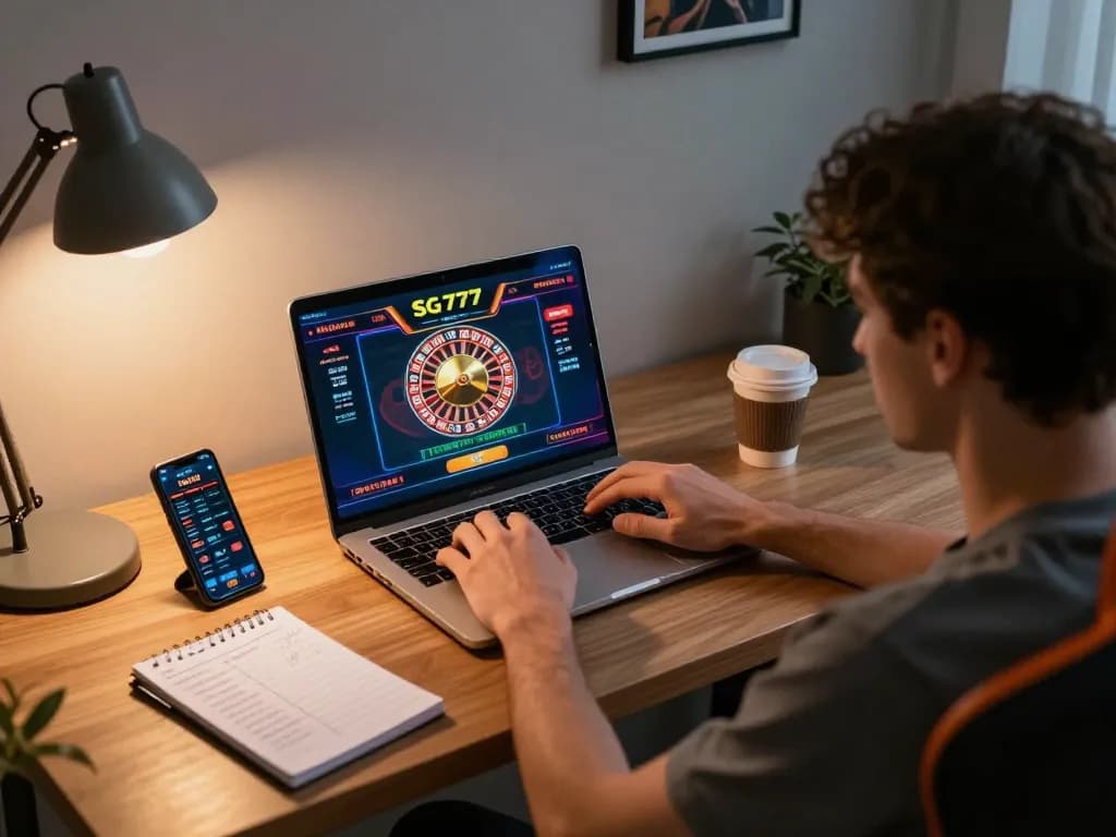 Engaged user playing SG 777 live dealer games on laptop with strategic betting notes nearby