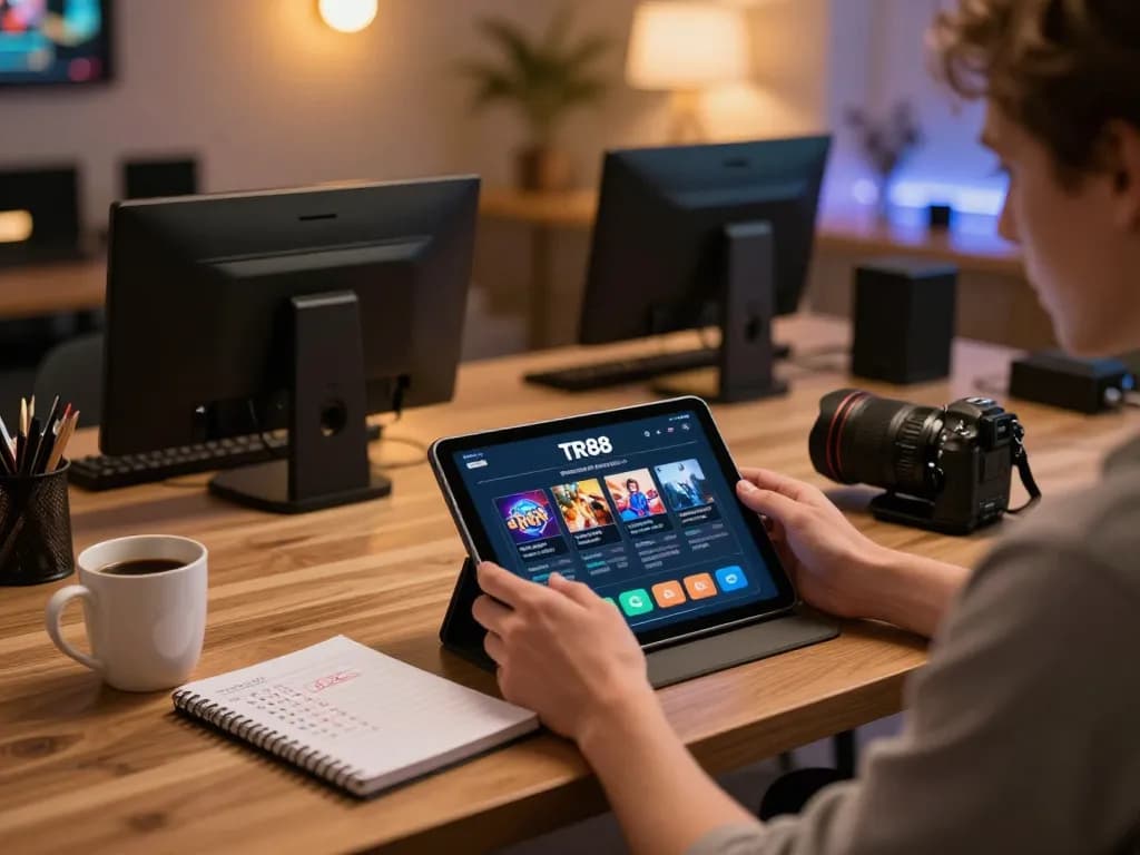 Player enjoying the TR88 online casino app on a sleek tablet in a cozy home environment.