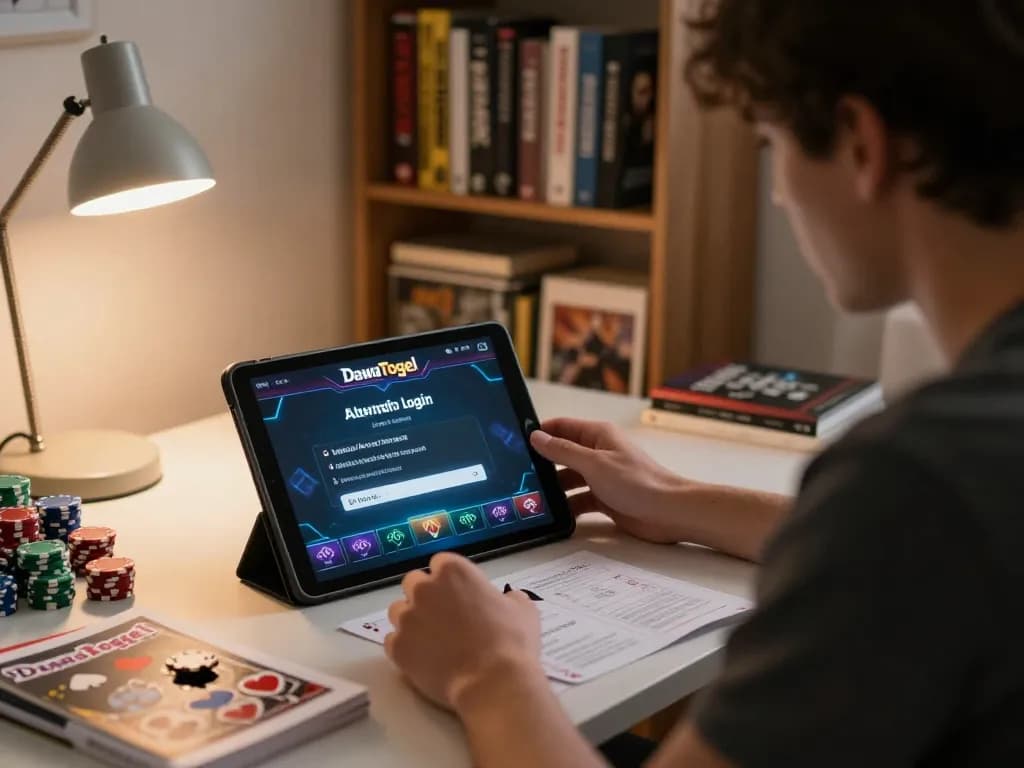 DewaTogel Link Alternatif Login Terbaru displayed on tablet during intense online gambling session.