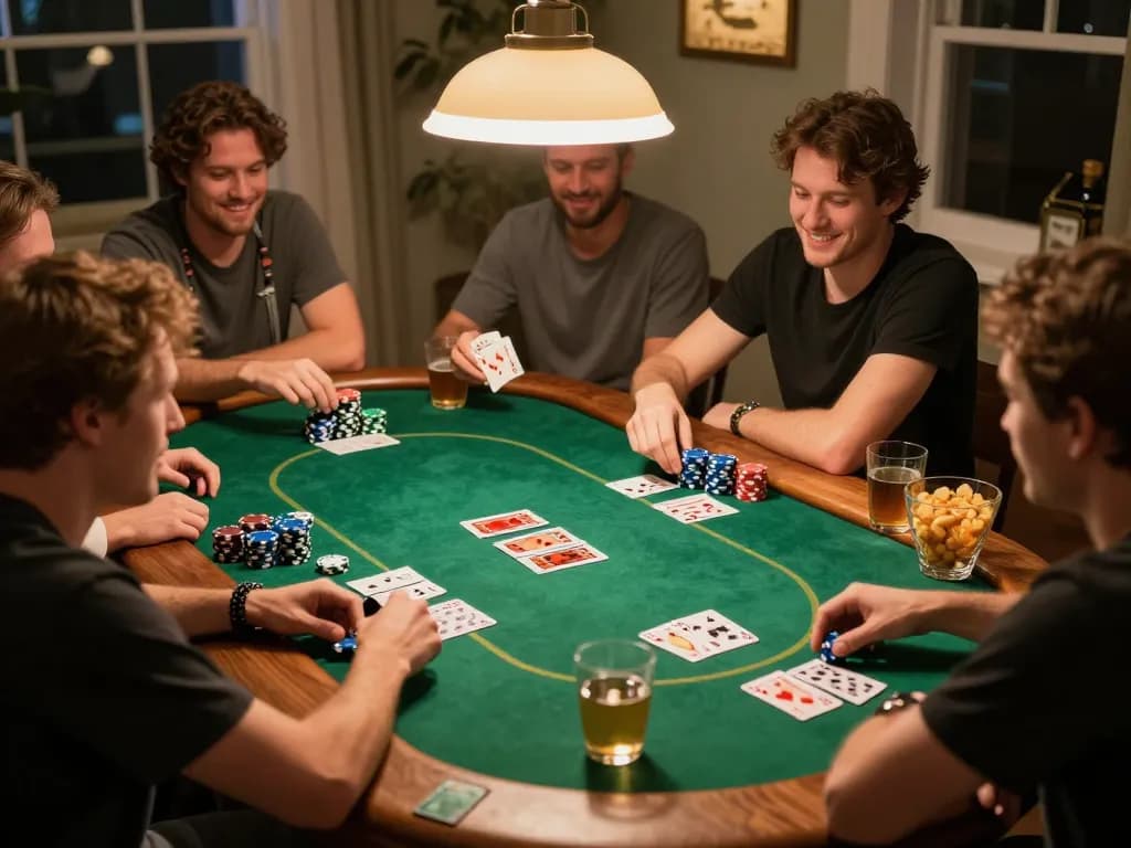 Friends enjoying a joyful poker night with kubet79 cards and chips on a cozy table, fostering strategic gameplay.