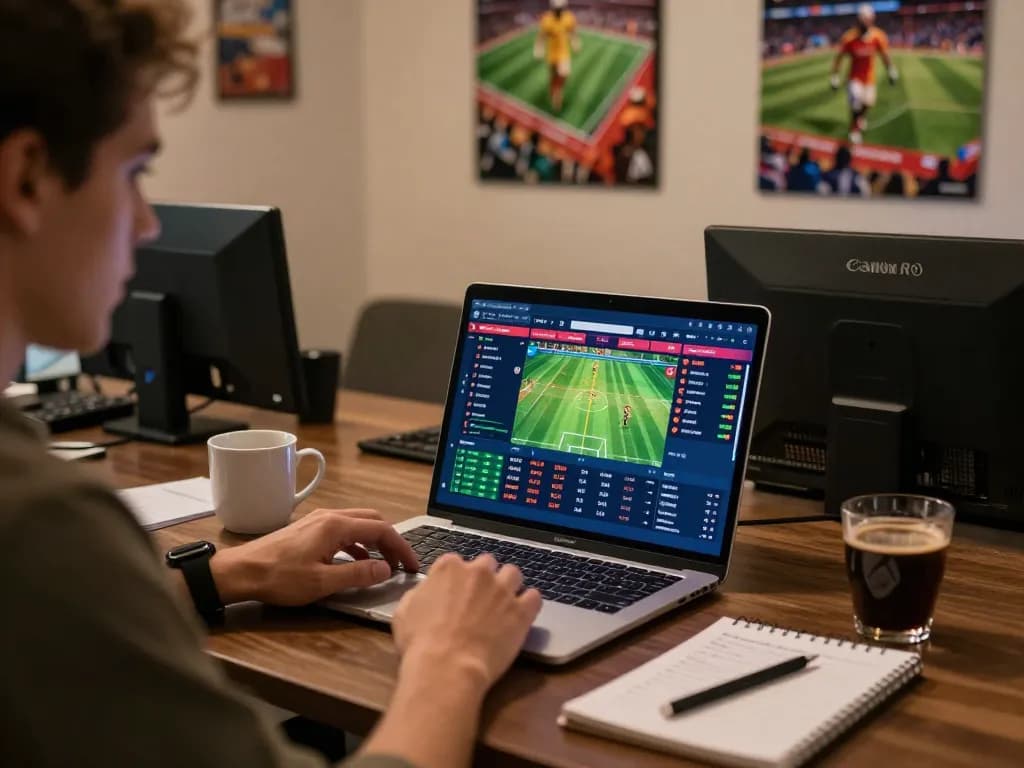 Tỷ lệ kèo bóng đá trực tuyến analysis on a vibrant online sports betting interface, user engaged with laptop setup