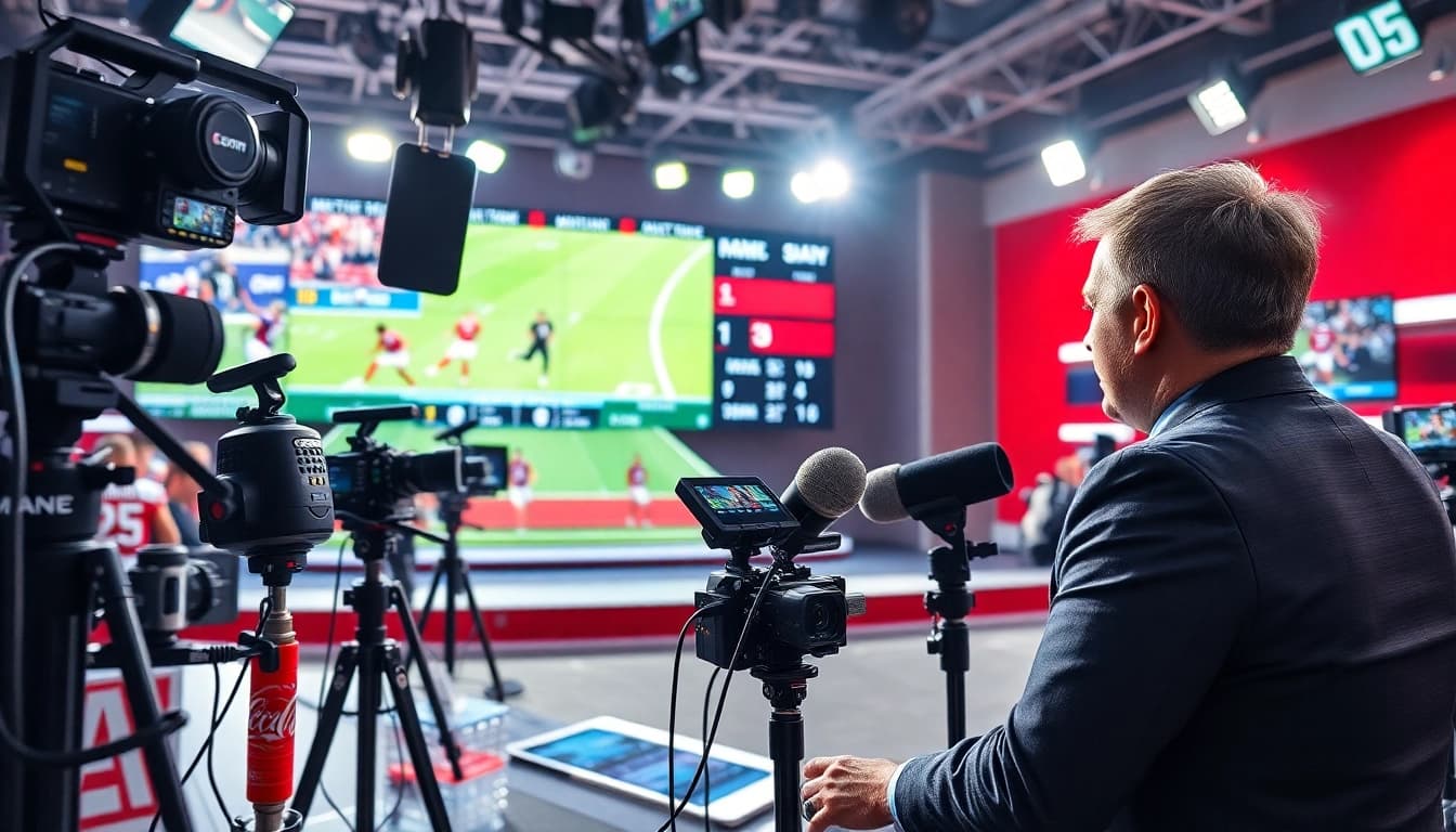 Sports Broadcasting host engaging with an audience in a vibrant studio filled with action.