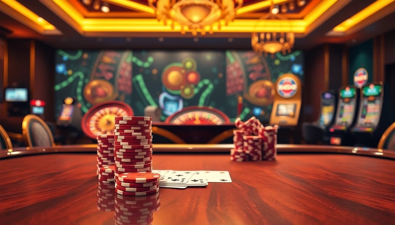 SODO offers an exhilarating gaming experience with poker chips and cards on a luxury casino table.