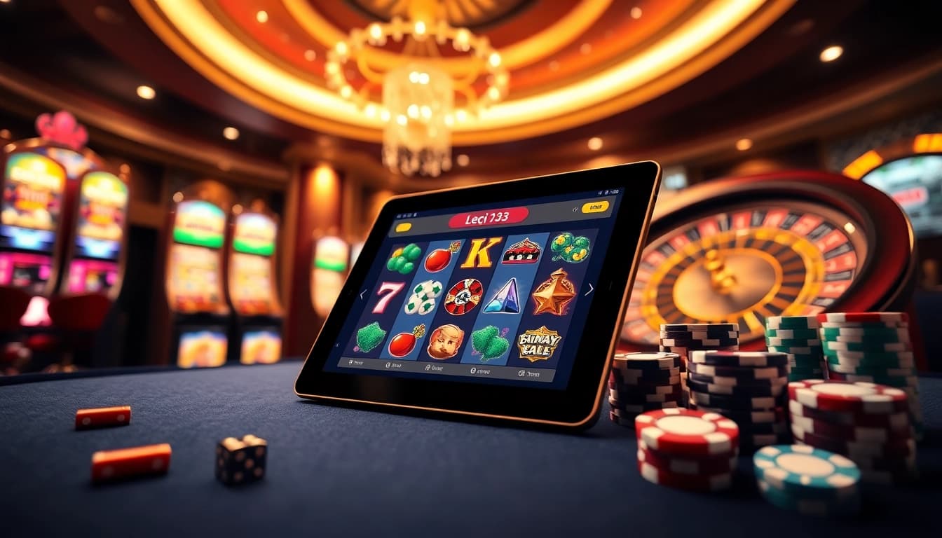 Engage with the thrilling slot games on Leci123 platform highlighted by poker chips and winning visuals.