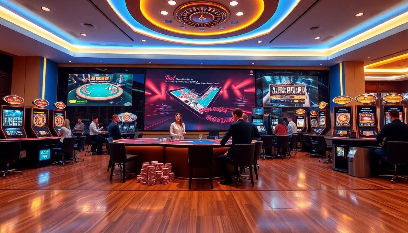 Professional online gamblers placing bets at a Nhà cái uy tín live casino with vibrant chips and cards