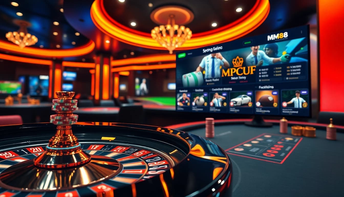 The thrilling online gambling experience at https://mm88.vin/ showcasing poker chips, a roulette wheel, and sports betting.